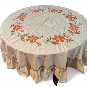 vintage Beautiful handmade embroidered tablecloth with orange flowers & ruffles